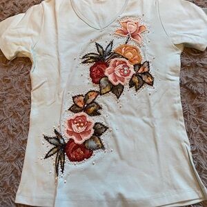 Blue Embellished T-Shirt with Floral Design